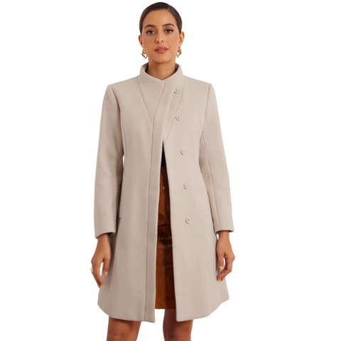Allegra K Women's Stand Collar Long Sleeve Button Down Winter Pea Coat Medium Beige