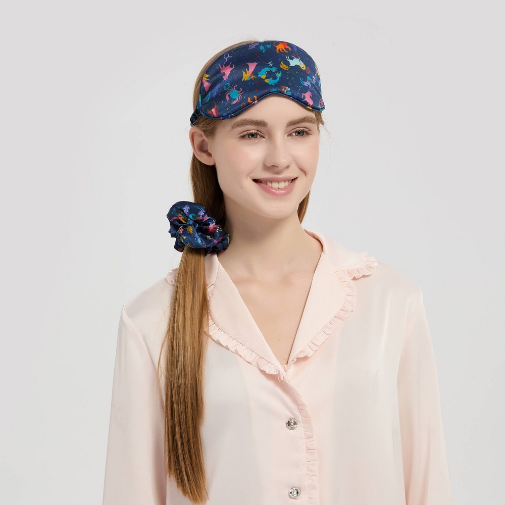 Women's 100% Pure Silk Zodiac Print Sleep Mask, Hair Accessory, and Storage Bag - A New Day™ Navy Blue