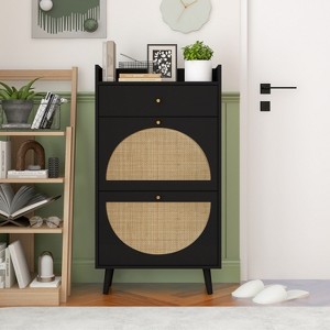Modern Shoe Cabinet with Rattan Detailing, MDF Frame, Pine Wood Legs, and 1 Drawer+2 Flip Drawers, Multi-Shelf Storage Unit - ModernLuxe - 1 of 4