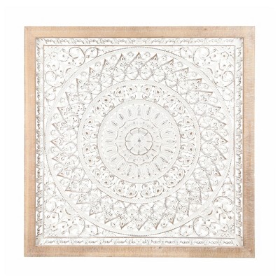LuxenHome Distressed White Wood Flower with Natural Wood 47.3" Square Frame Wall Decor..