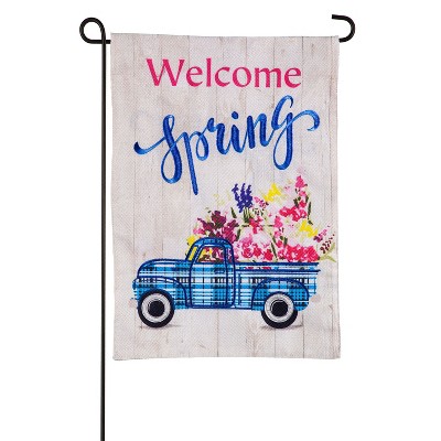 Evergreen Flag Welcome Spring Plaid Truck Garden Burlap Flag