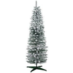HOMCOM 6 FT Snow Flocked Artificial Pencil Christmas Tree, Slim Xmas Tree with Realistic Branches and Plastic Base Stand for Indoor Decoration Green - 1 of 4