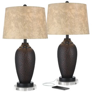 Franklin Iron Works Kaly Rustic Table Lamps Set of 2 with Round Risers 26" High Oil Rubbed Bronze with USB Charging Port Drum Shade for Living Room - 1 of 4