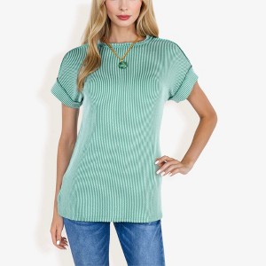 Anna-Kaci Women's Striped Knit Top with Crew Neck and Short Sleeves, Casual Loose Fit Comfortable Blouse - 1 of 4
