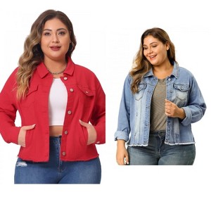 Women's Plus Size 2 Pieces Classic Denim Front Frayed Casual Long Sleeve Fashion Jean Jackets - Agnes Orinda - 1 of 4