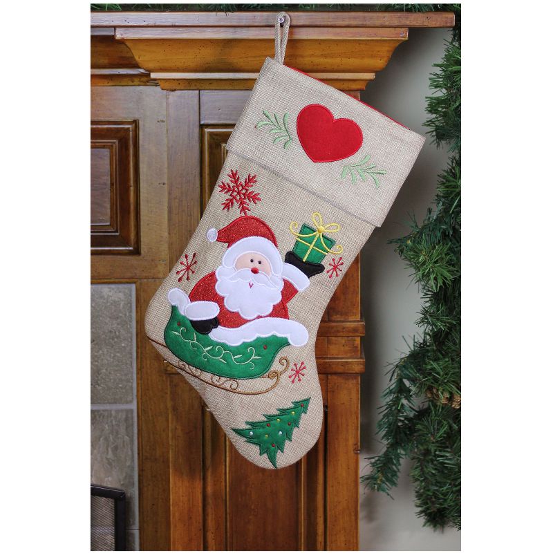 Northlight 19" Red and Green Santa Claus in Sleigh Embroidered Christmas Stocking, 2 of 5