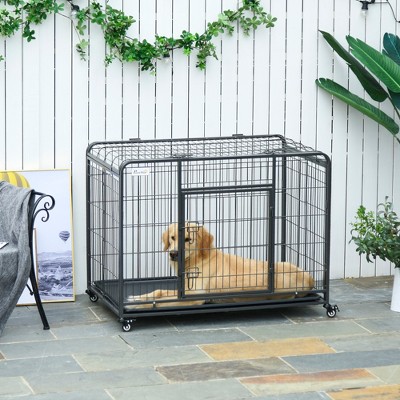 Heavy Duty Black Metal Dog Cage with Wheels and Tray, 43"