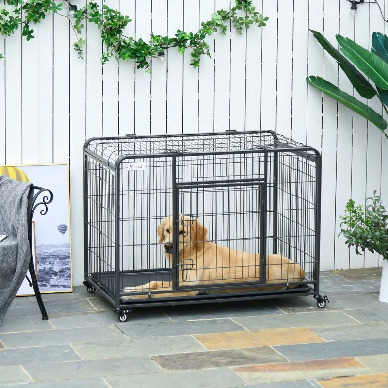 PawHut Folding Design Heavy Duty Metal Dog Cage Crate & Kennel with Removable Tray and Cover, & 4 Locking Wheels, Indoor/Outdoor, 4 of 11