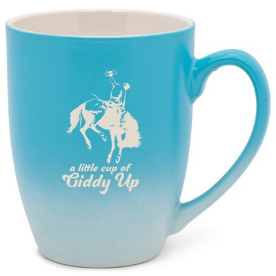 100 North Bucking Bronco 10 Ounce Blue and White Two Toned Ombre, Comfortably Fits Your Hands, Ceramic Tea Coffee Cup Mug, A Little Cup Of Giddy Up