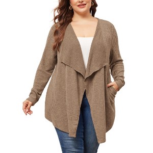 Agnes Orinda Women's Plus Size Knit Open Front Irregular Hem Long Sleeve with Pockets Cardigans - 1 of 4