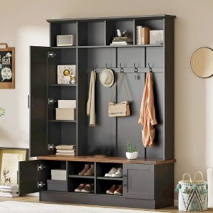 Farmhouse Hall Tree with Bench &Shoe Storage, 3-in-1 Entryway Bench with Coat Rack Hooks, Shoe Cubbies, Adjustable Shelf for Hallway Storage Cabinet - 1 of 4