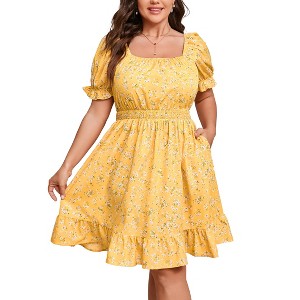 Women's Plus Size Square Neck Printing Smocked Dress Ruffled Cap Sleeves Dress A Line Maxi Formal Dress - 1 of 4