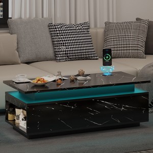 LED Coffee Table with Storage, Black Coffee Table with Wireless Charging and Speaker - 1 of 4