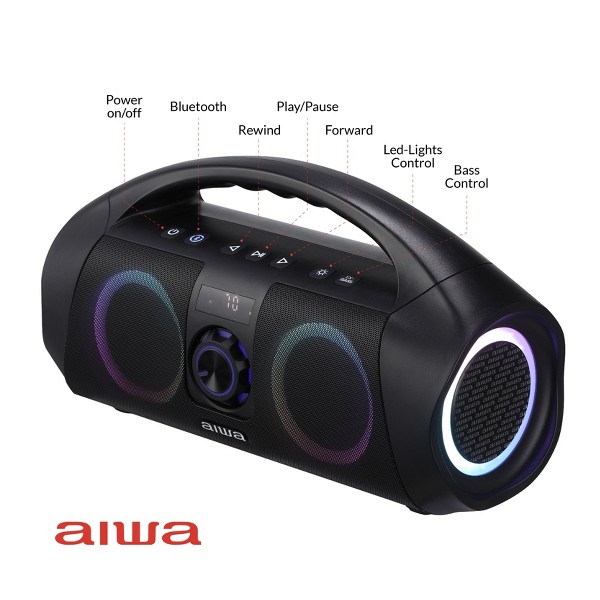 Altavoz portátil Bluetooth Aiwa con iluminación LED multicolor y pantalla digital, resistente al agua IPX7 5