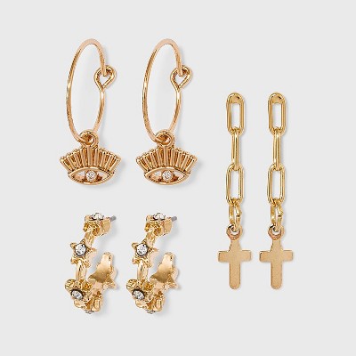 Evil Eye Star and Cross Stud Earring Set 3pc - Wild Fable™ Gold