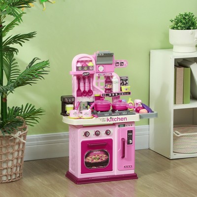Infurnic Play Food and Toy Kitchens, Toy Kitchen with Lights Sounds, 33 Accessories, Storage, Playset for Toddler 3-6 Years, Pink, 20.90"*8.70"*27.20"