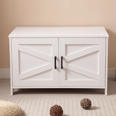 LAOTIES Wooden Cat Litter Box Enclosure,Hidden Litter Box Furniture with Barn Doors,Indoor Cat House And End Table,Modern Pet Cabinet,White