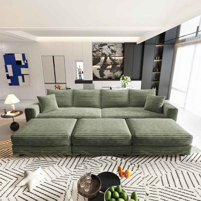 102.4 Inch Convertible Lounge Sofa with 3 Ottomans, 4-Seat Cloud Couch with Cushions, Corduroy Lounge Sofa with Wood Frame-Coolbibila
