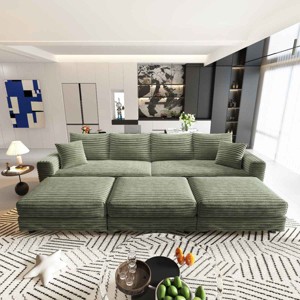102.4 Inch Convertible Lounge Sofa with 3 Ottomans, 4-Seat Cloud Couch with Cushions, Corduroy Lounge Sofa with Wood Frame-Coolbibila - 1 of 4