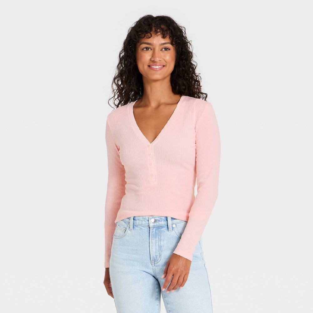 Women's Long Sleeve Heritage Deep V-Neck Henley Shirt - Universal Thread™ Pink L