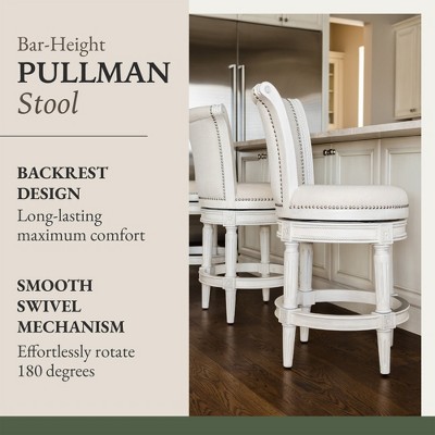 White Oak Swivel Upholstered Bar Stools with Nailhead Trim, Set of 3