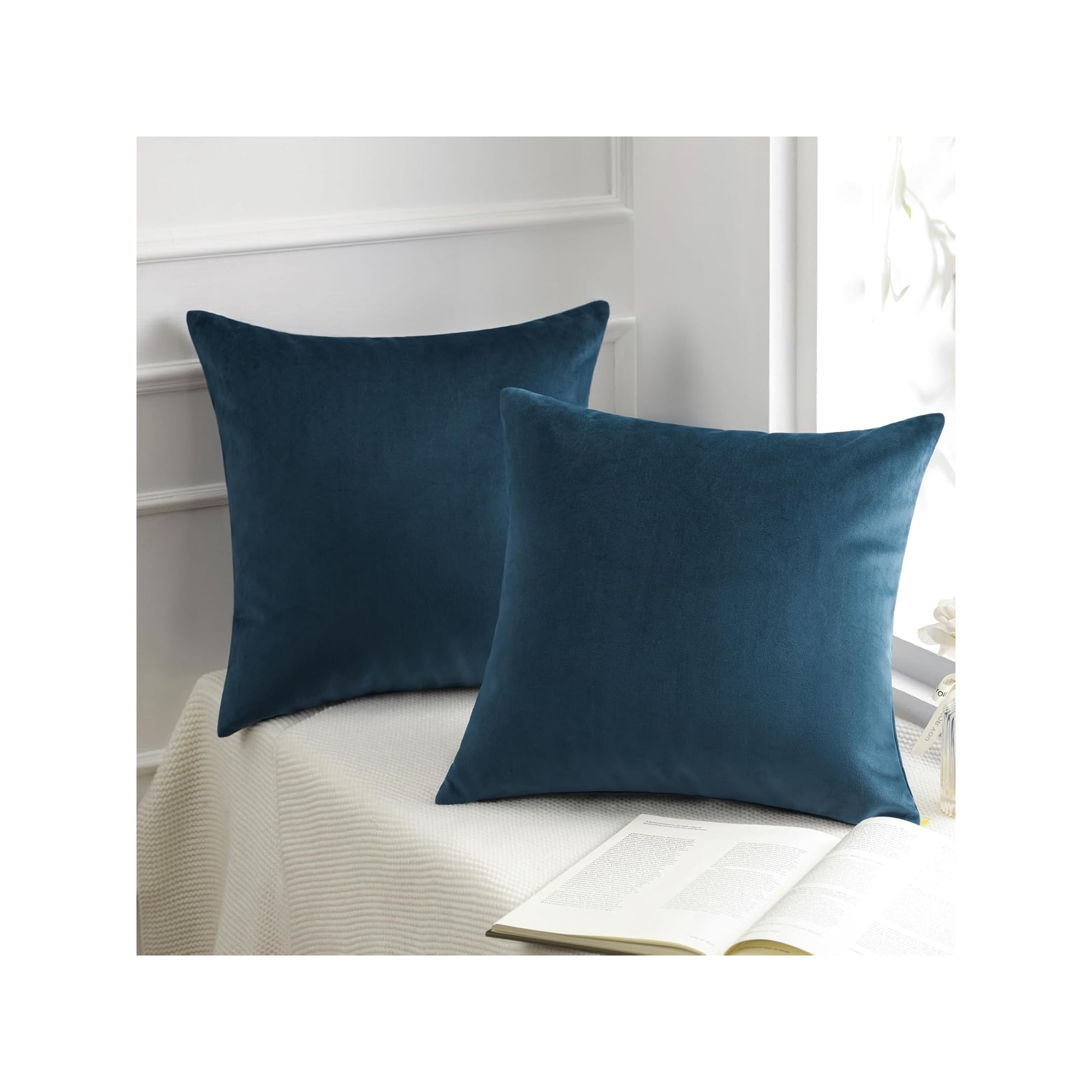 Phantoscope Soft Silky Velvet Series Decorative Throw Pillow Cover for Couch, Pack of 2, Dark Blue, 18x18