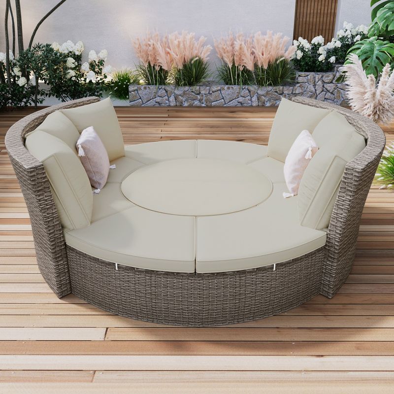 5-Piece Round Rattan Sectional Sofa Set, All-Weather PE Wicker Sunbed Daybed with Round Liftable Table and Washable Cushions 4M - ModernLuxe, 3 of 16