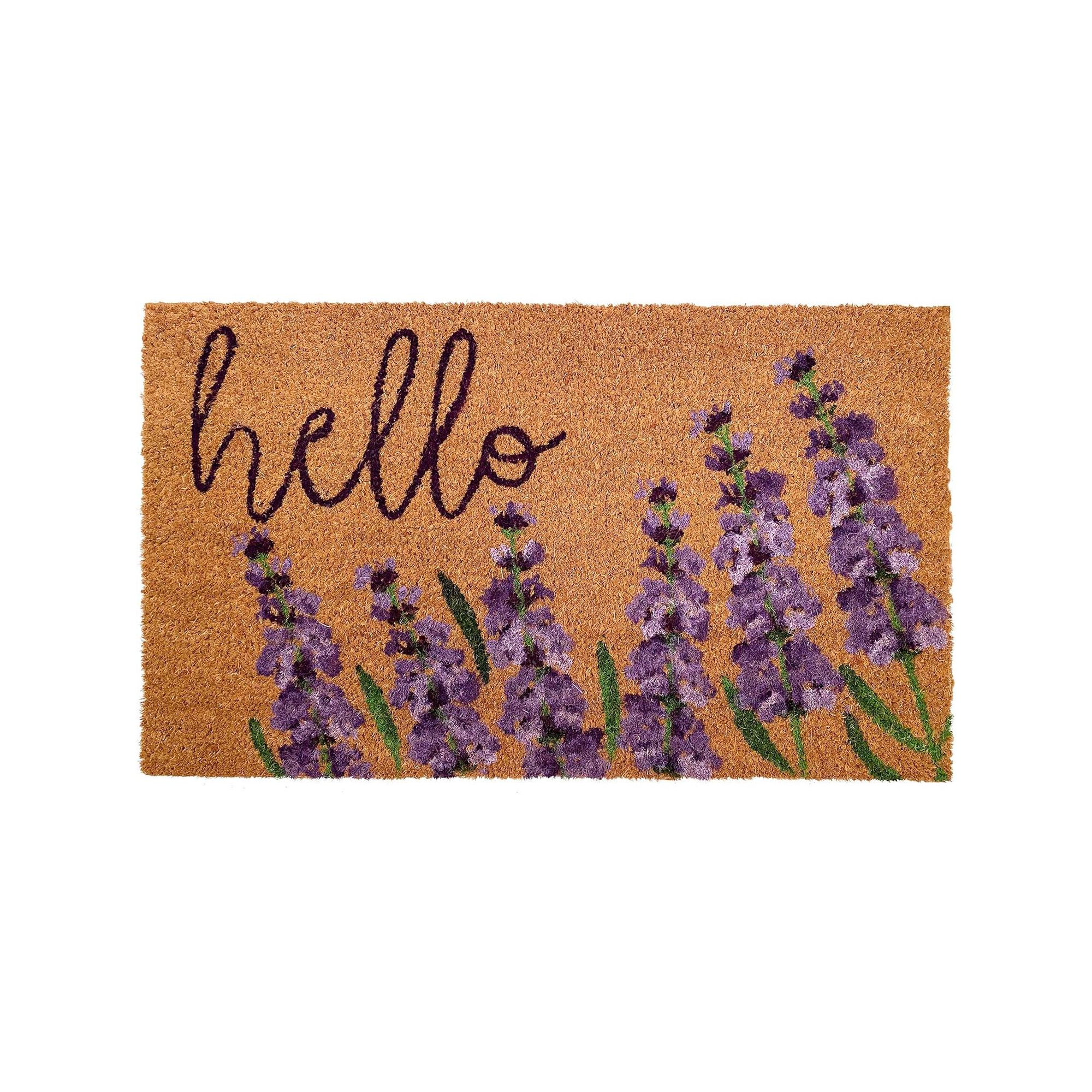 HomeRoots 17" X 29" Natural Black and Purple Coir Floral Hello Outdoor Door Mat