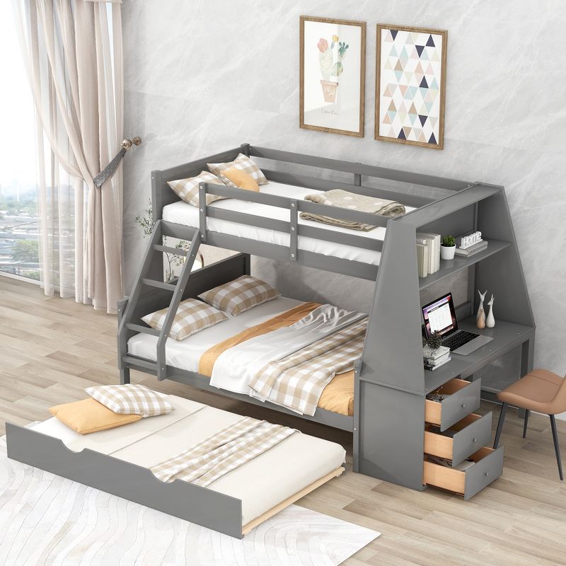 Twin over Full Bunk Bed with Trundle, Built-in Desk, Three Storage Drawers and Shelf-ModernLuxe, 2 of 9