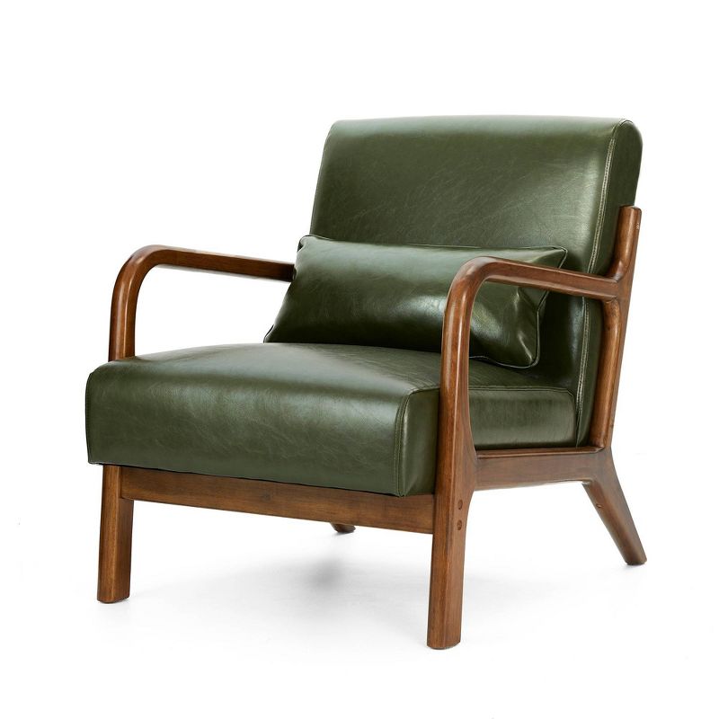 Mid-Century Modern Leatherette Arm Accent Chair Walnut Rubberwood Frame - Hunter Green - Glitzhome, 1 of 10