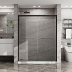 Double Sliding Glass Shower Door  60 in. W x 72 in. H Aluminum Framed Shower Enclosure , Stainless Steel Hardware, Bathroom Panel,Matte Black - 1 of 4