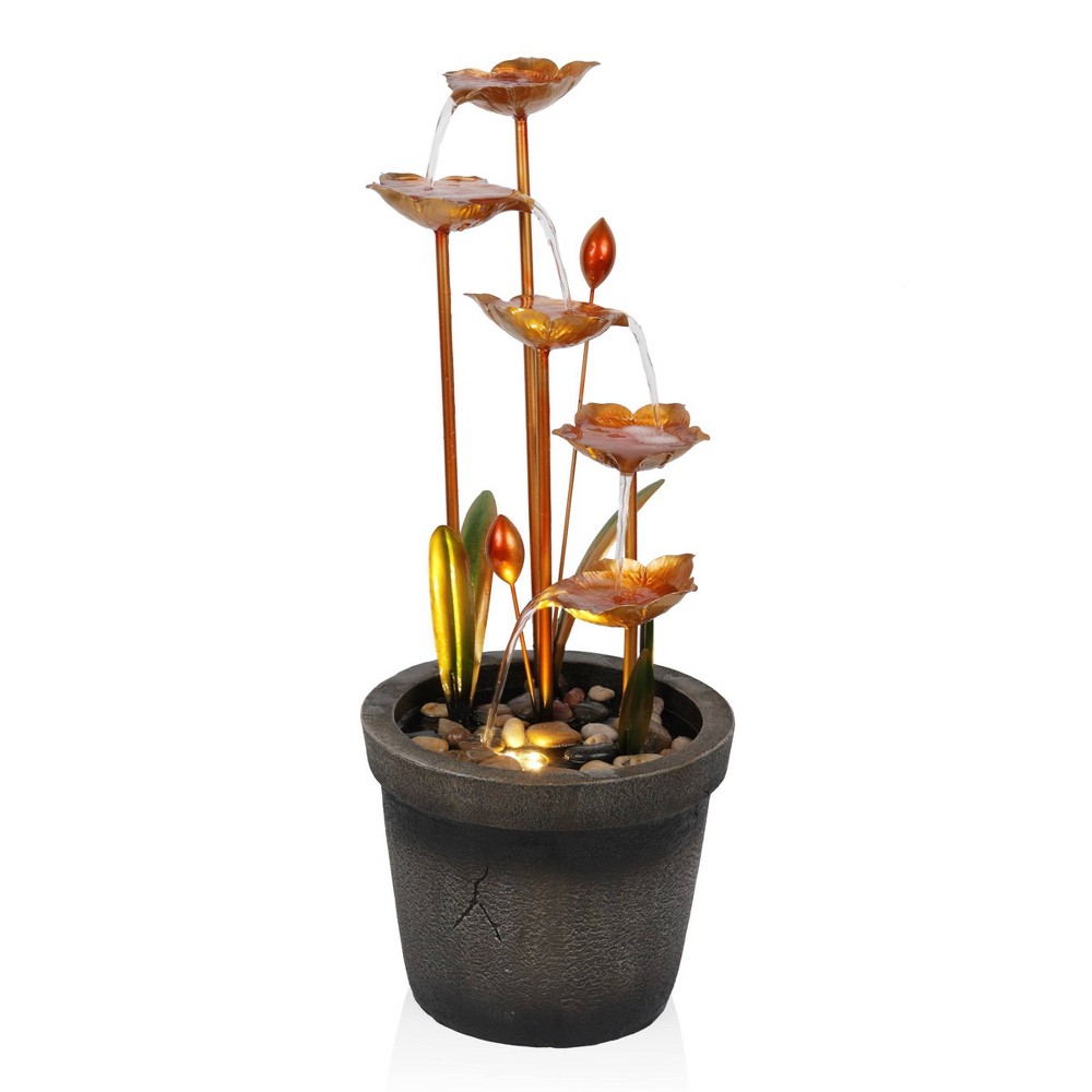 Alpine Corporation 23" Copper Tiered Flower Tabletop Fountain: Polyresin, LED, Outdoor Use, 2-Year Warranty