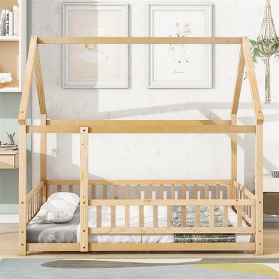 Full Size Wooden House Bed, Kids Floor Bed With Roof And Fence Guardrail, No Box Spring Needed, Easy Assembly, For Boys Girls Bedroom