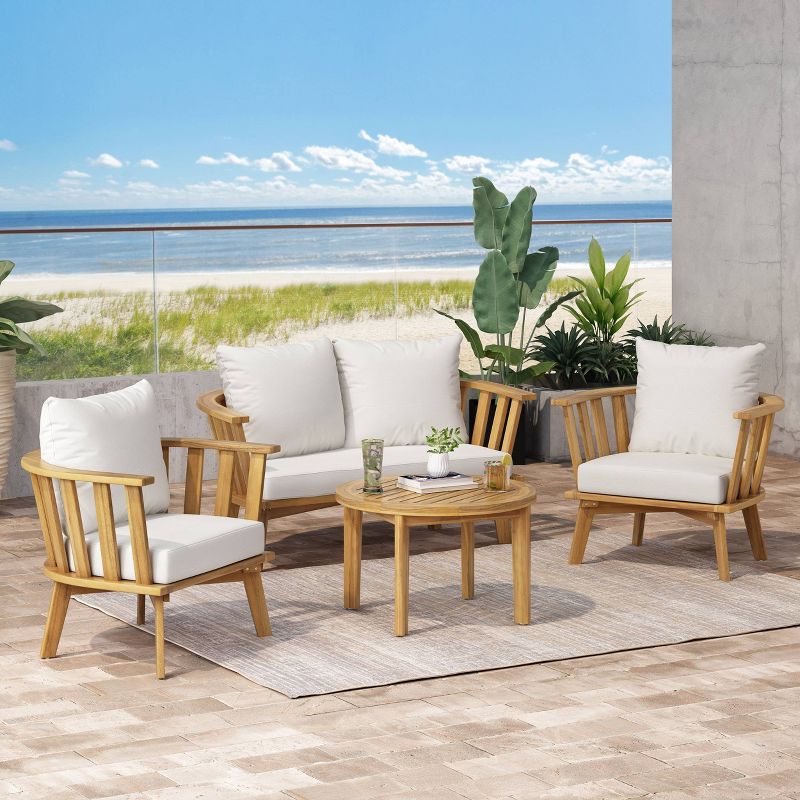 Solano 5pc Outdoor Wooden Chat Set with Round Coffee Table - White/Teak - Christopher Knight Home, 3 of 17