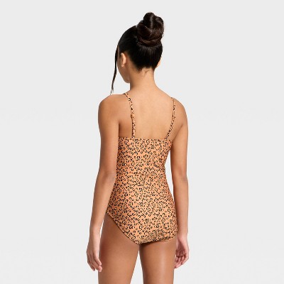 Art Class Girls' Animal Leopard Print One Piece Swimsuit- art class™ Coral Orange L — фото 2