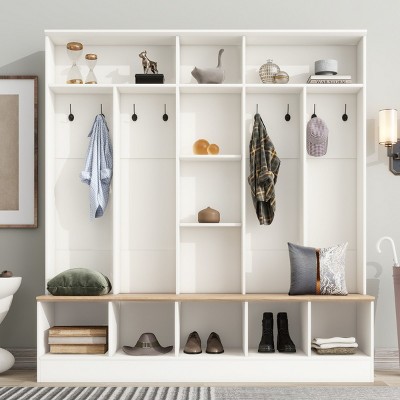 4-In-1 Particle Board Hall Tree Entryway With Bench Shoe Storage,Coat Rack With 8 Hooks And Cube Storage,For Hallways,Living Room-Cuddlewood