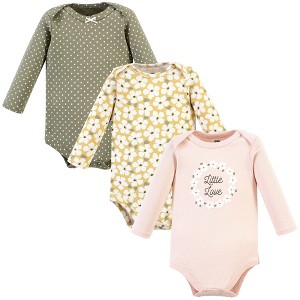 Hudson Baby Infant Girl Cotton Long-Sleeve Bodysuits, Sage Floral Wreath 3 Pack - 1 of 4