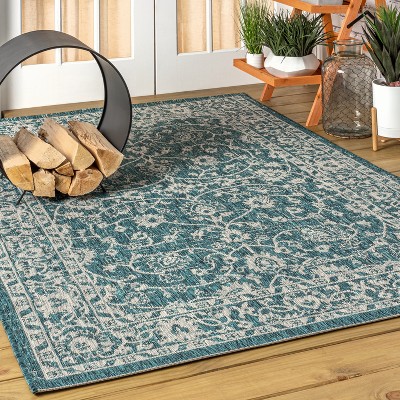 Elegant Teal & Gray Hand-Woven 4'x6' Synthetic Outdoor Area Rug
