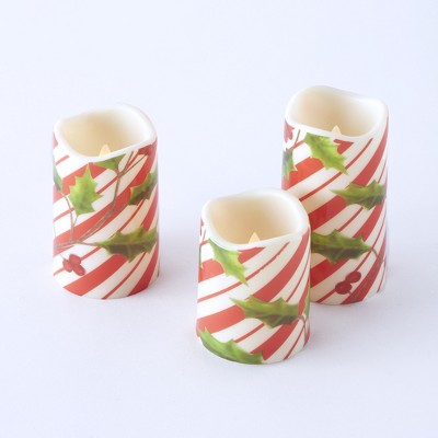 Lakeside LED Candy Cane Motif Christmas Candles with Faux Floral Holly Leaves - Set of 3