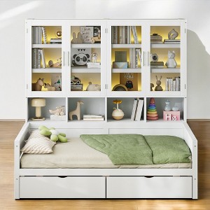 Mshliw Wooden Daybed with Glass-Door Storage Cabinets and Built-in LED Lighting – Multi-Functional Sofa, Bed, and Display Unit - 1 of 4