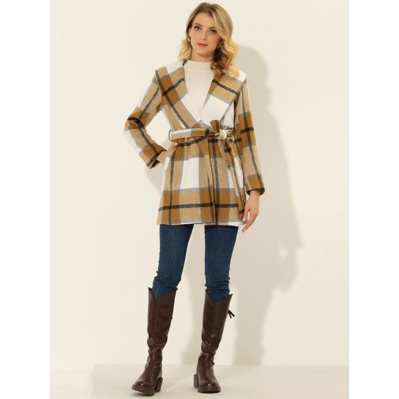 Allegra K Women's Shawl Collar Check Belted Wrap Plaid Coat with Pockets, 2 of 6