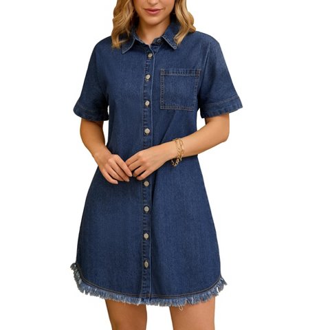 Женские платья INSPIRE CHIC Women's Denim Button Front Frayed Hem Collared Short Sleeve Jean Shirt Dress X-Large Dark Blue