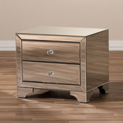 Elegant Silver Mirrored 2-Drawer Nightstand with Crystal Handles