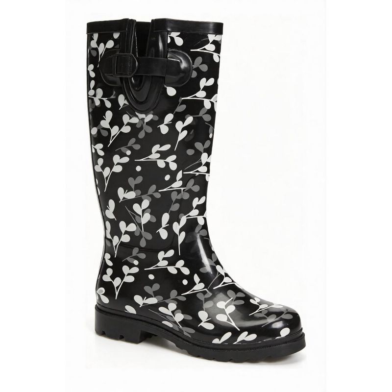 Women's Rain Boots Rubber Mid Calf Snow Rainboot, Black/Leaf-5