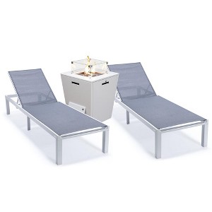 LeisureMod Marlin Modern White Aluminum Patio Chaise Lounge Chair with Square Fire Pit Side Table Set of 2 - 1 of 4
