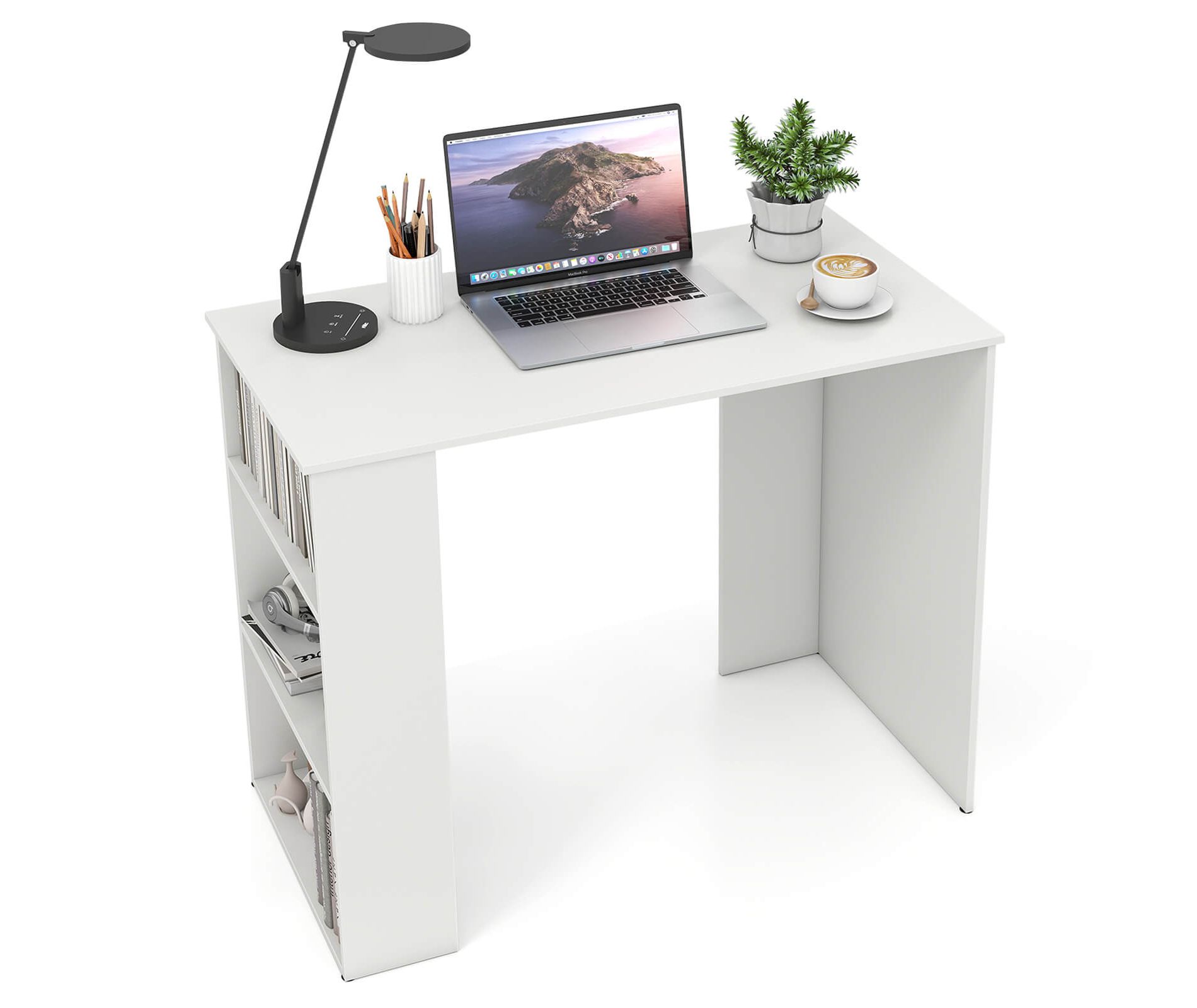 Costway 35.5" Compact PC Laptop Desk Modern Style Office Study Desk with Side Storage Shelf White/Black/Gray/Brown