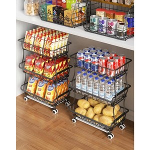 Paaaawaters 3-Tier Rolling Pantry Floor Organizer and Storage Cart with Wheels, Stackable Wire Pantry Baskets - 1 of 4