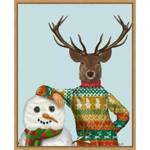 Amanti Art 23"x28" Deer in Christmas Sweater with Snowman Fab Funky Framed Canvas Wall Art - 1 of 4
