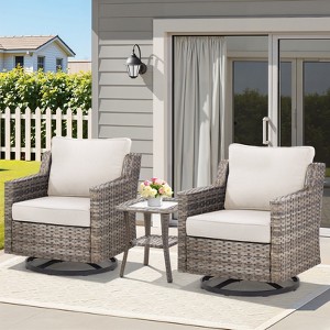 Buenhomino 3-Piece Patio Wicker Furniture Sets, Outdoor Cushioned Bistro Swivel Rocking Chairs Set with Glass Top Side Table, Beige - 1 of 4