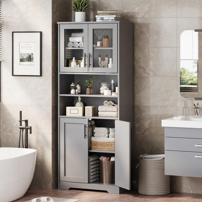 Tall Bathroom Cabinet, Freestanding Bathroom Storage Cabinet with Glass Doors and Adjustable Shelves